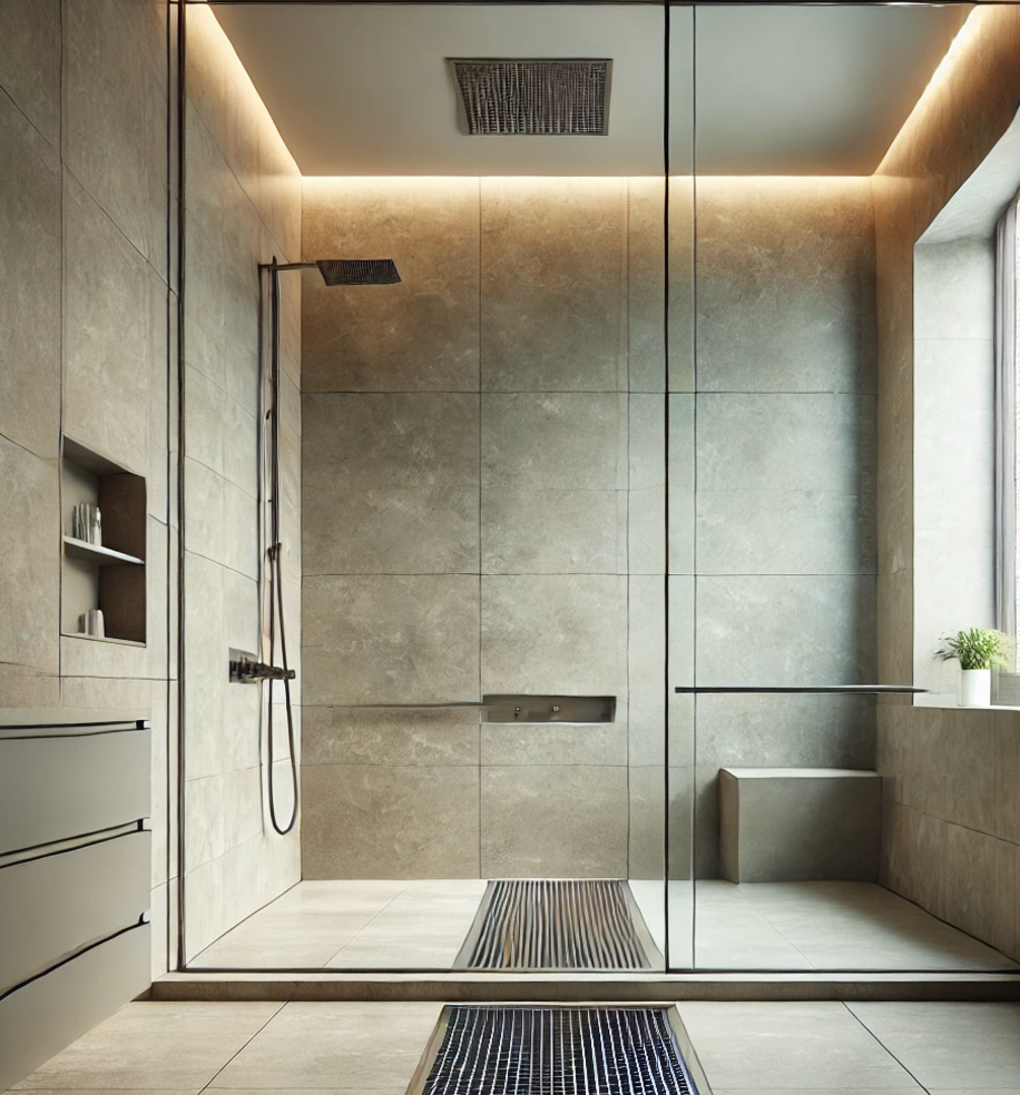 A bathroom with a walk in shower and a window