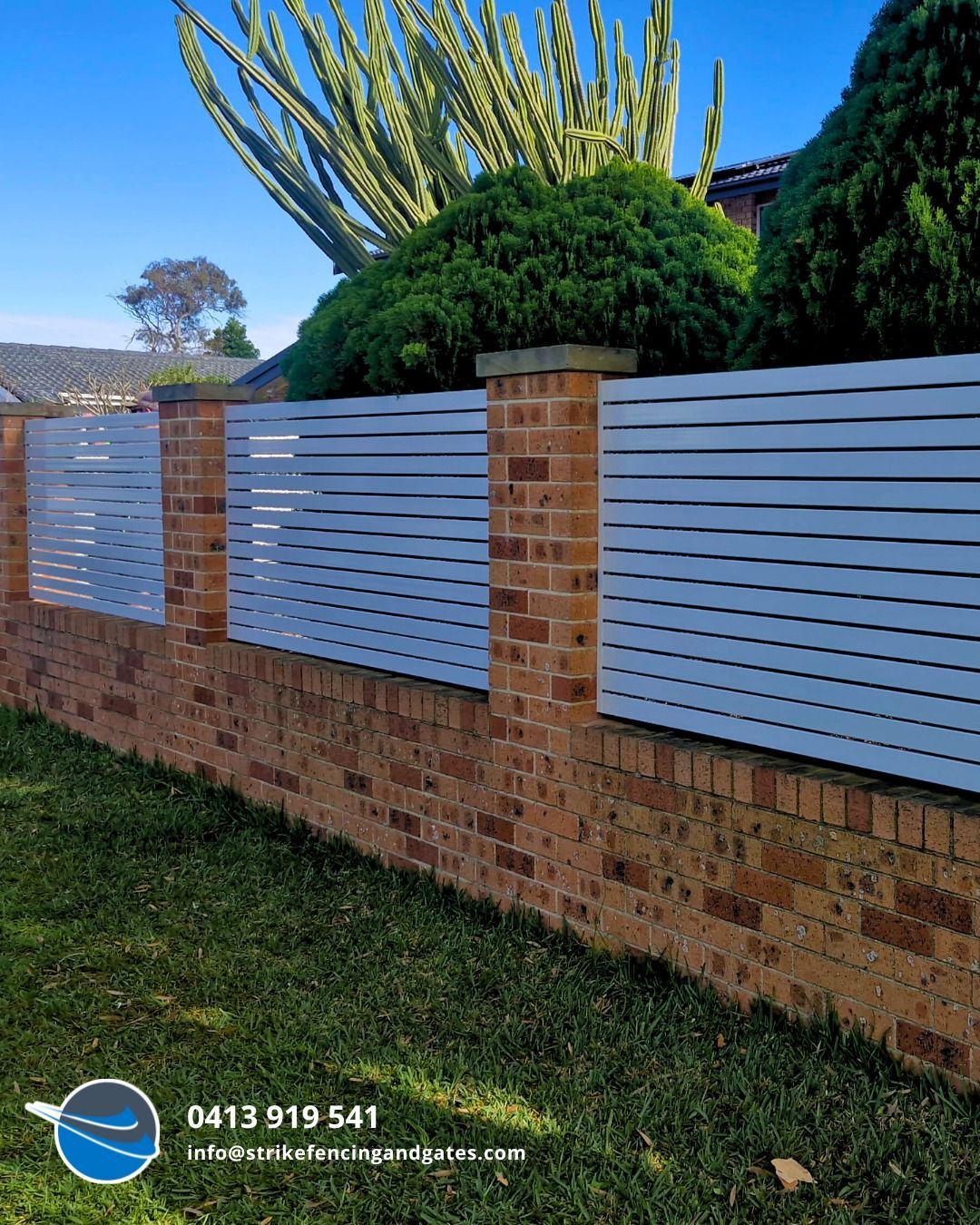 Brick Wall With Horizontal Grey Slats, Topped With Brick Pillar — Strike Fencing & Gates In Tuggerah, NSW