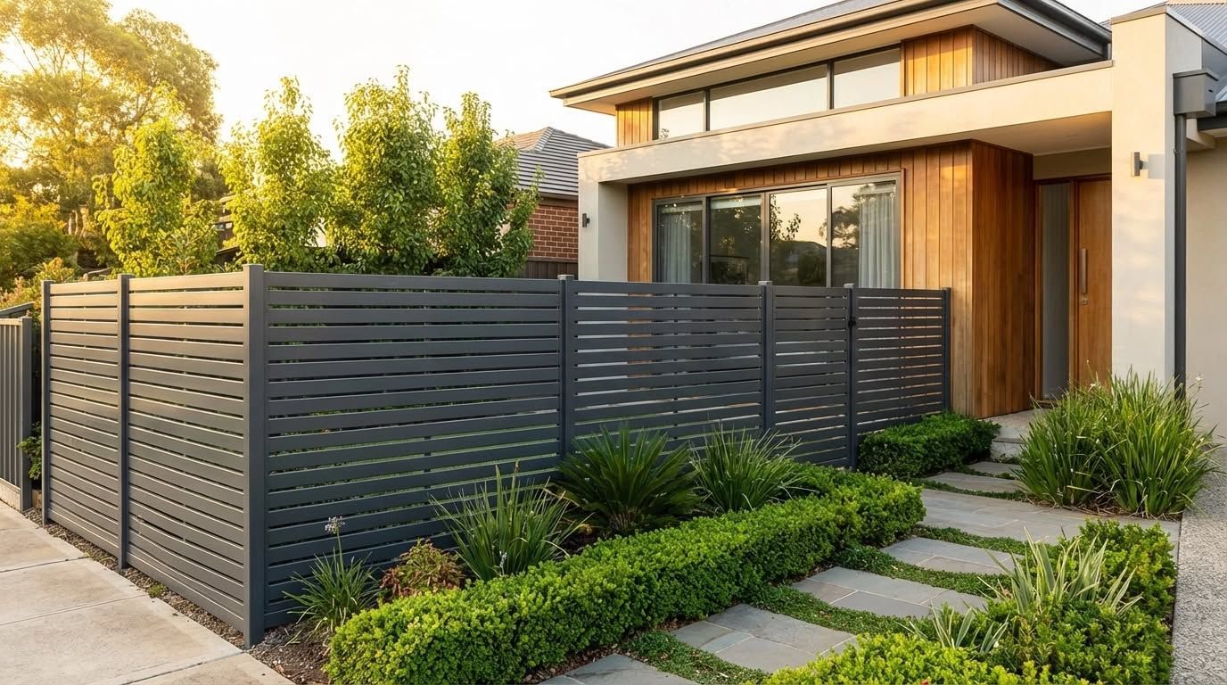 Modern dark grey aluminium slat fencing outside a contemporary Central Coast house with landscaped garden.