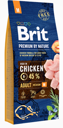 Bolsa de comida para perros: marca “Brit”, fórmula de pollo adulto para perros medianos.