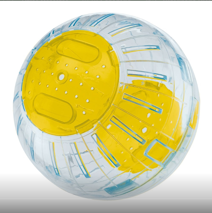 Pelota de ejercicio para hámster de plástico transparente con puerta de acceso amarilla.