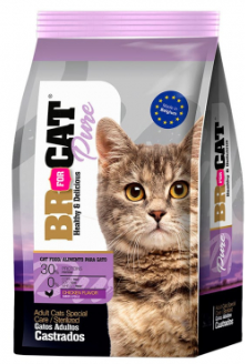Bolsa de alimento para gatos Br Cat Pure, con la cara de un gato en la parte frontal. Envase morado y gris.