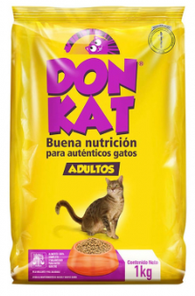 Bolsa amarilla de comida para gatos Don Kat con ilustración de un gato