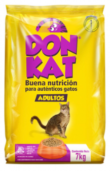 Bolsa amarilla de comida para gatos Don Kat con ilustración de un gato