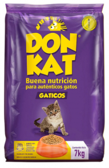Bolsa de pienso Don Kat para gatitos. Bolsa morada con la imagen de un erizo y un gatito. Contiene 7 kg.