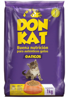 Bolsa de pienso Don Kat para gatitos. Bolsa morada con la imagen de un erizo y un gatito. Contiene 7 kg.