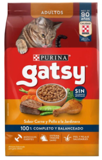 Bolsa de alimento para gatos adultos Purina Gatsy con un gato, texto e imágenes de comida.