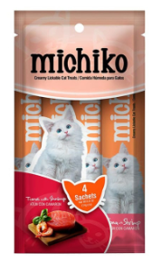 Paquete de premios para gatos Michiko. Incluye un gato gris, atún y 4 sobres individuales.