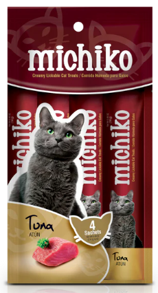 Paquete de premios para gatos Michiko. Incluye un gato gris, atún y 4 sobres individuales.