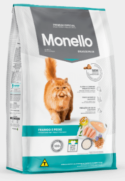 Bolsa de comida para gatos Monello con un gato naranja y esponjoso. Envase azul y blanco con texto e ilustraciones de comida.