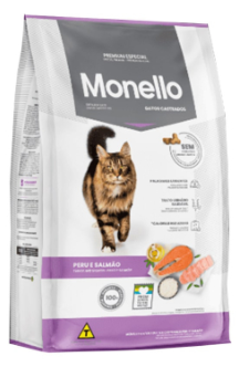 Bolsa de comida para gatos Monello con sabor a salmón, con un gato en el frente.