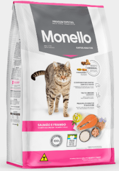 Bolsa de comida para gatos Monello con imagen de gato, sabores salmón y pollo, empaque rosa y blanco.