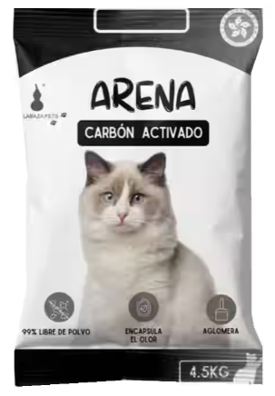 Bolsa de arena para gatos con un gato peludo, etiquetada