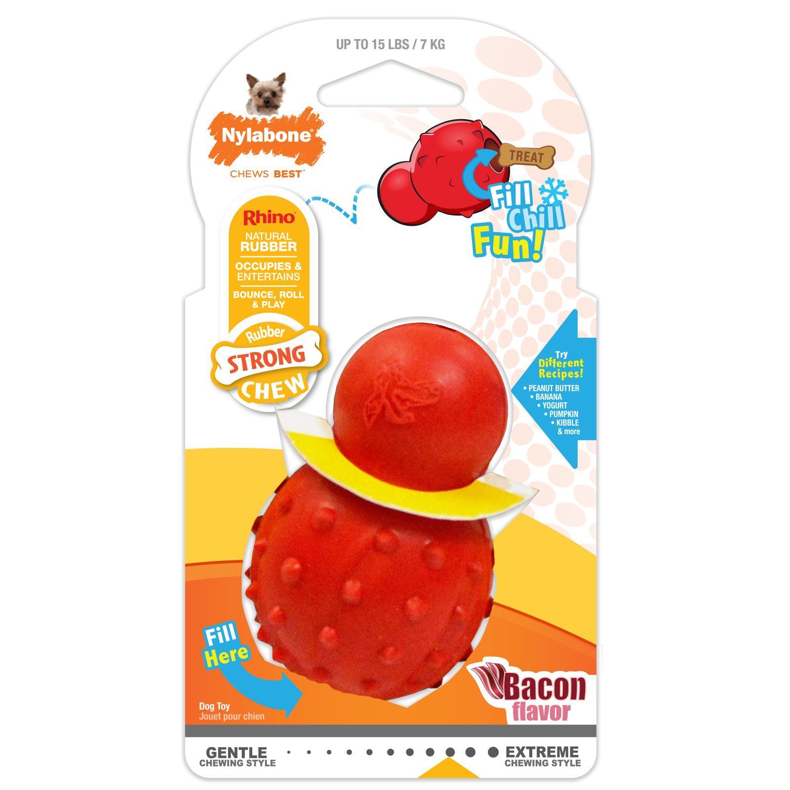 Juguete para perros Nylabone rojo, sabor tocino, con instrucciones de relleno.