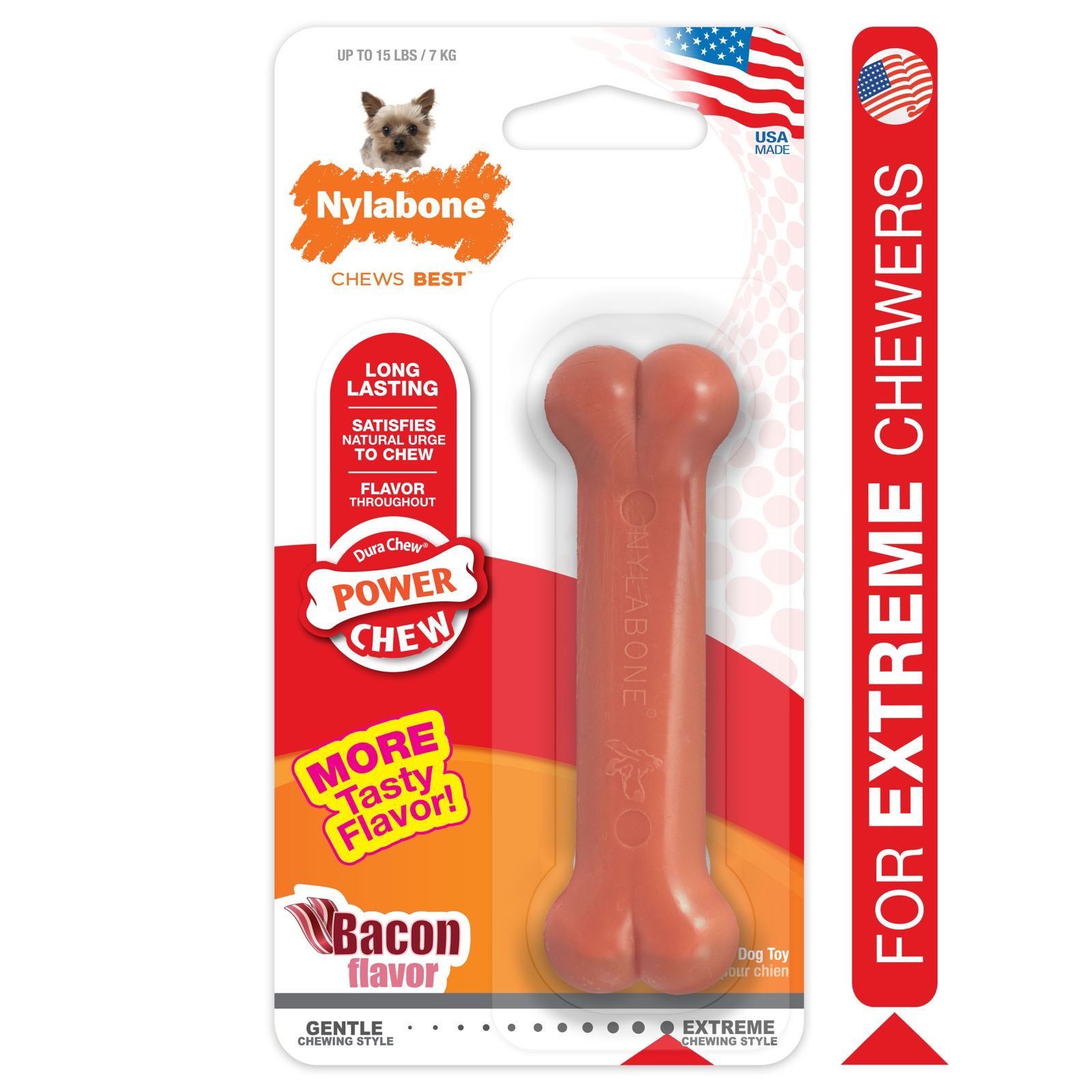 Juguete masticable para perros Nylabone con sabor a tocino para masticadores extremos en empaque original.