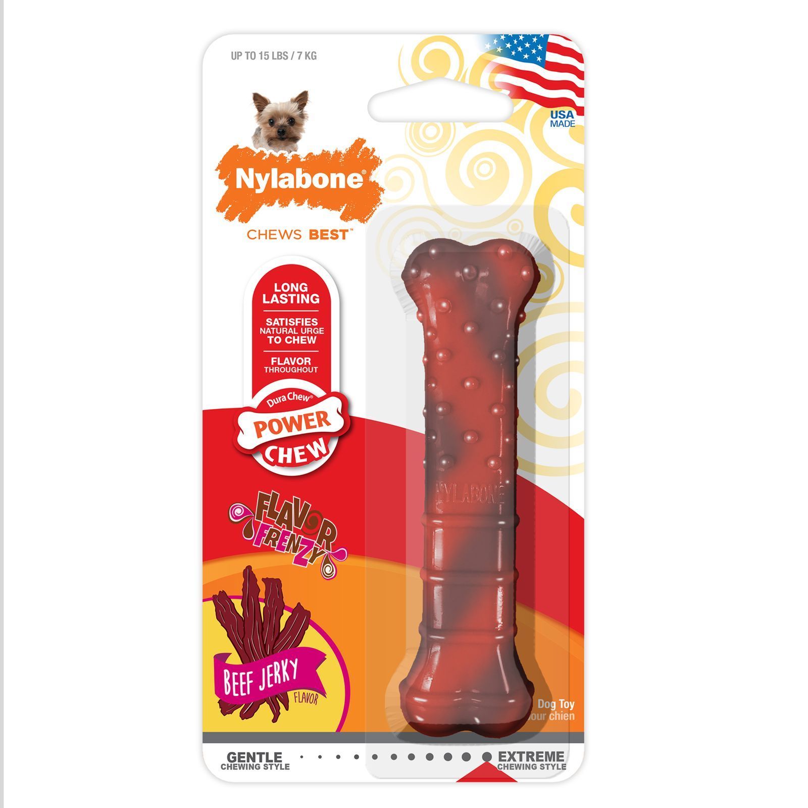 Juguete masticable para perros Nylabone, sabor a cecina de res, en empaque con un ícono de la bandera estadounidense.