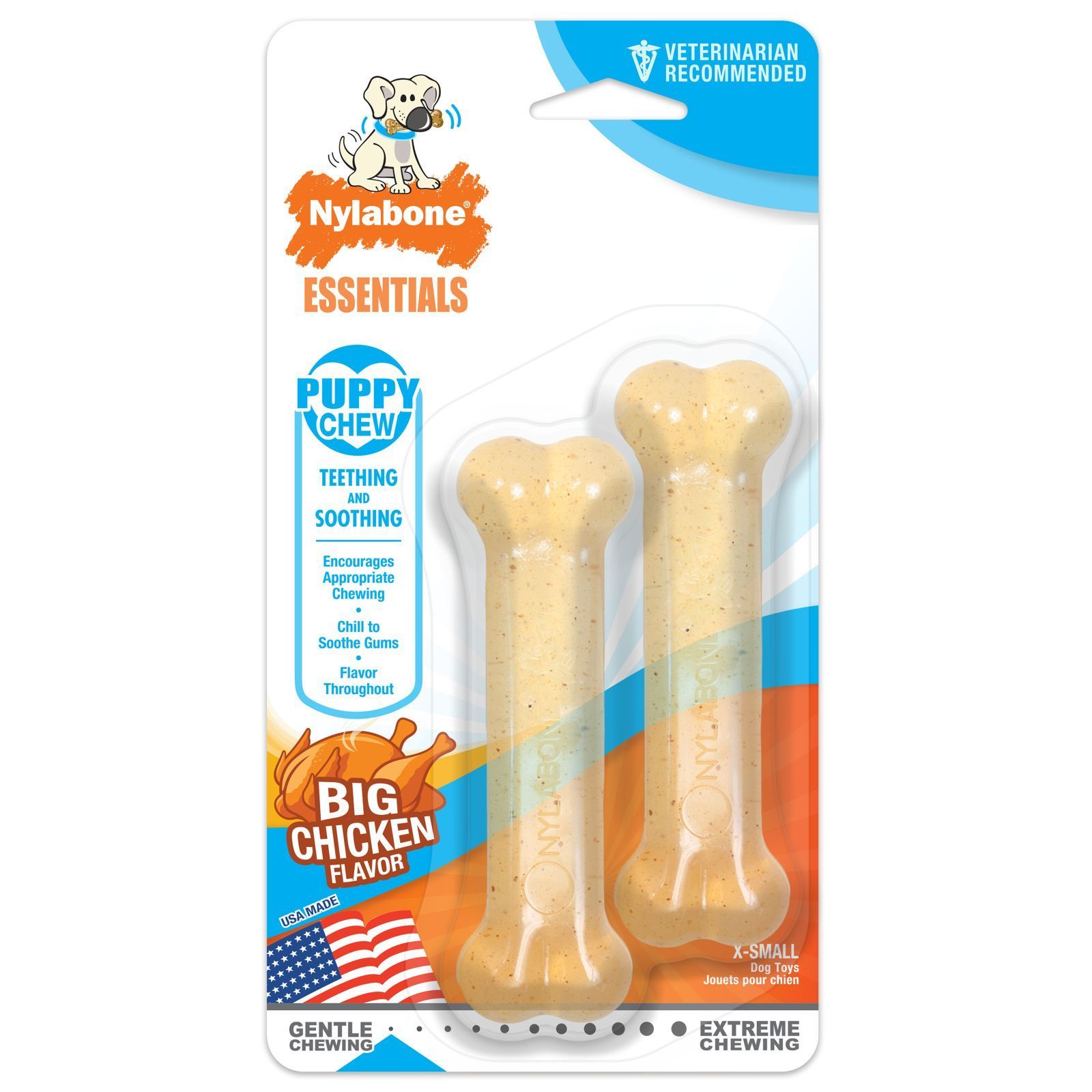 Dos masticables para cachorros Nylabone con sabor a pollo
