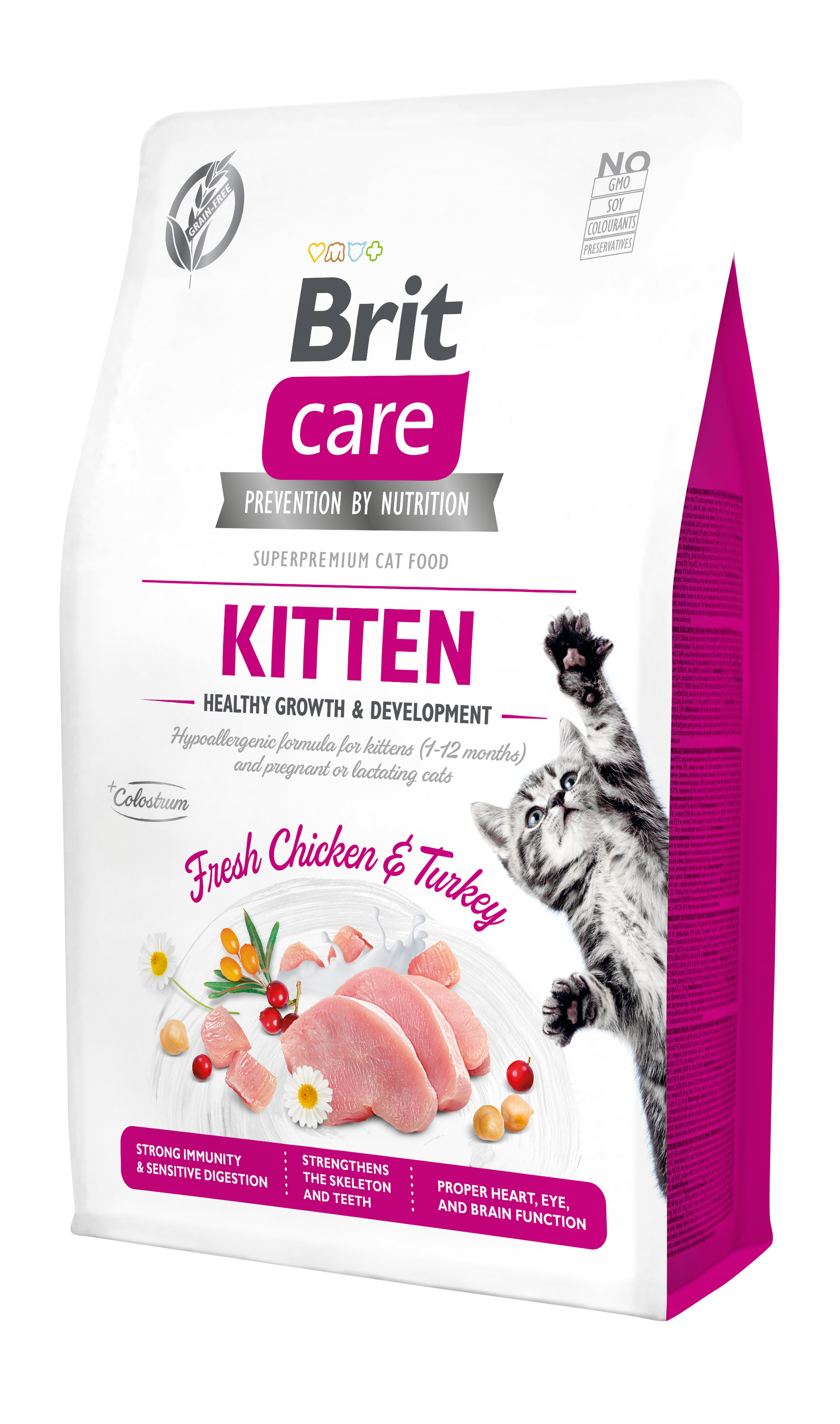 Bolsa de alimento seco para gatos Brit Care Kitten con pollo y pavo, con ilustración de un gatito.