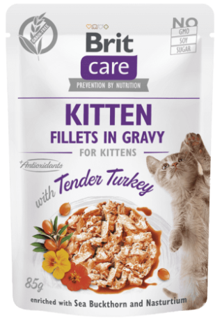 Bolsa de comida para gatitos Brit Care con tierno pavo, que presenta una ilustración de gatito y una foto de comida.