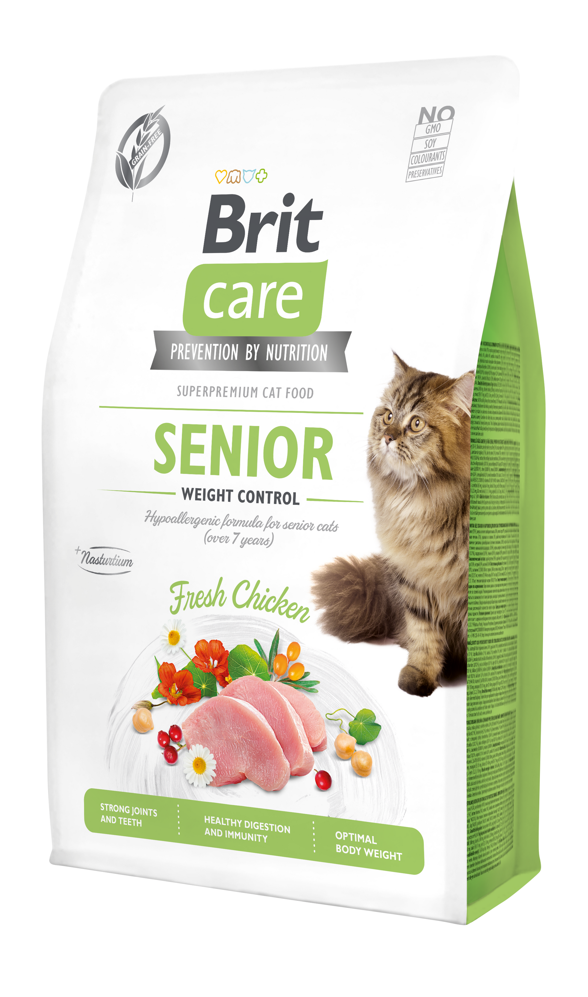 Bolsa de comida para gatos Brit Care Senior con ilustración de un gato y pollo fresco.