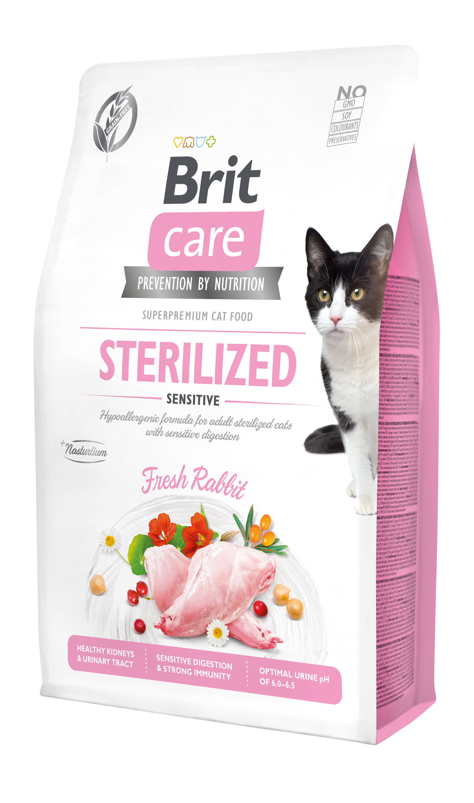 Bolsa de comida esterilizada para gatos Brit Care con imagen de gato y una ilustración de conejo fresco.