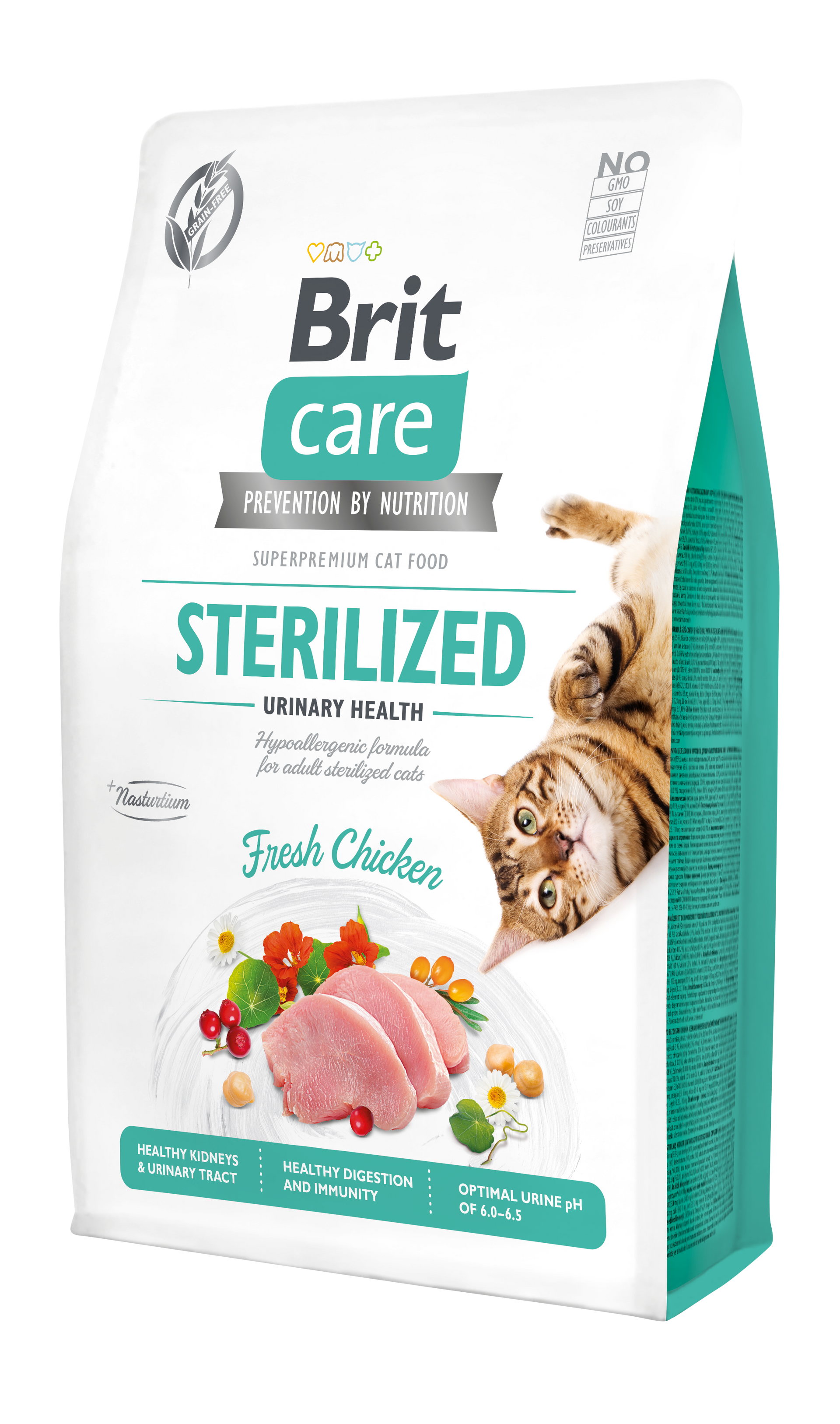 Bolsa de comida esterilizada para gatos Brit Care con pollo fresco, ilustración de gato.