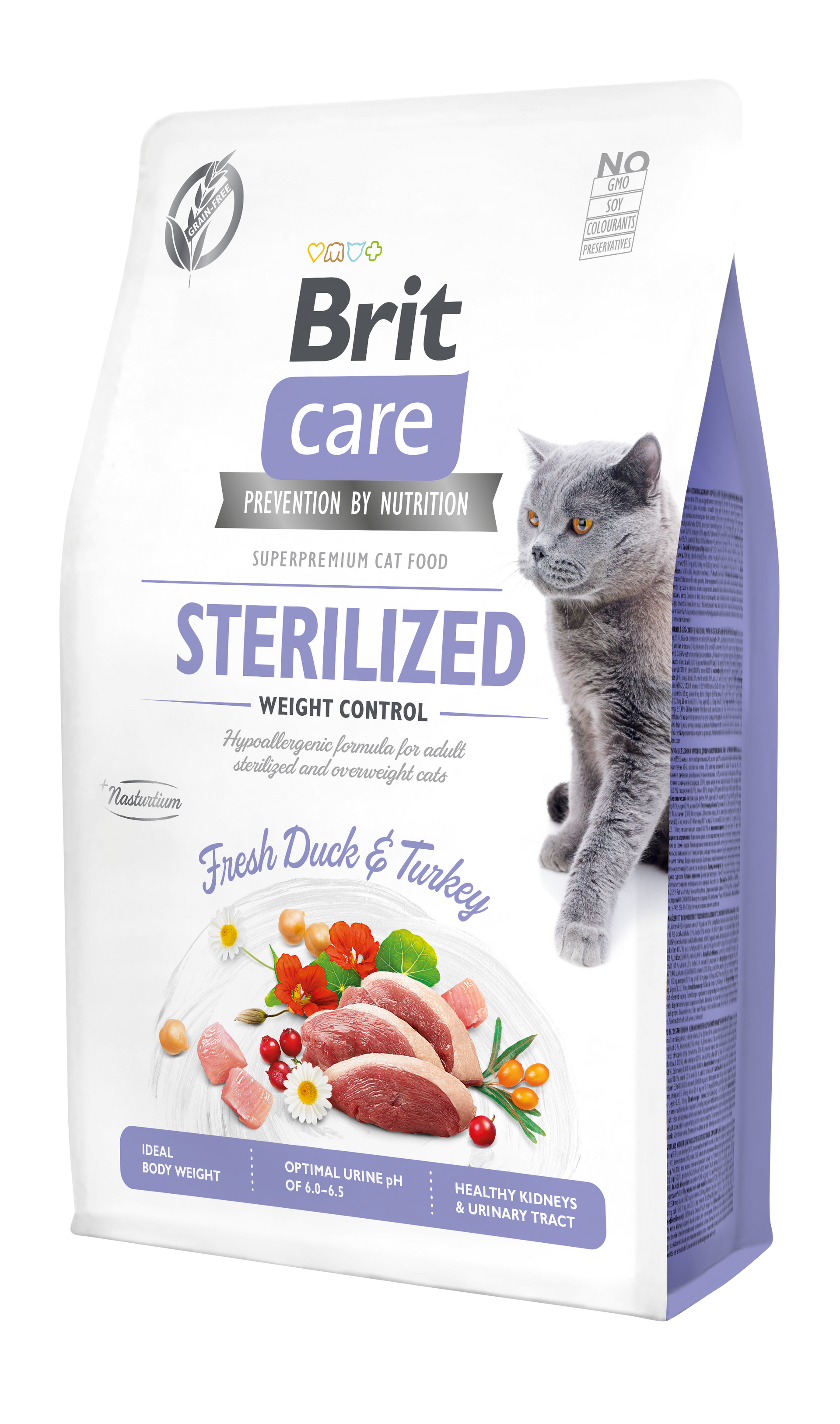 Bolsa de comida esterilizada para gatos Brit Care con ilustración de un gato y comida.