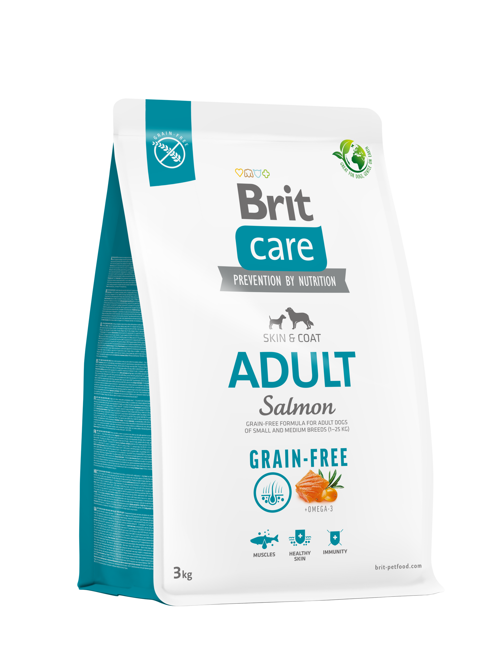 Bolsa de alimento para perros Brit Care Adult Salmon sin cereales, de color blanco con detalles en verde azulado.