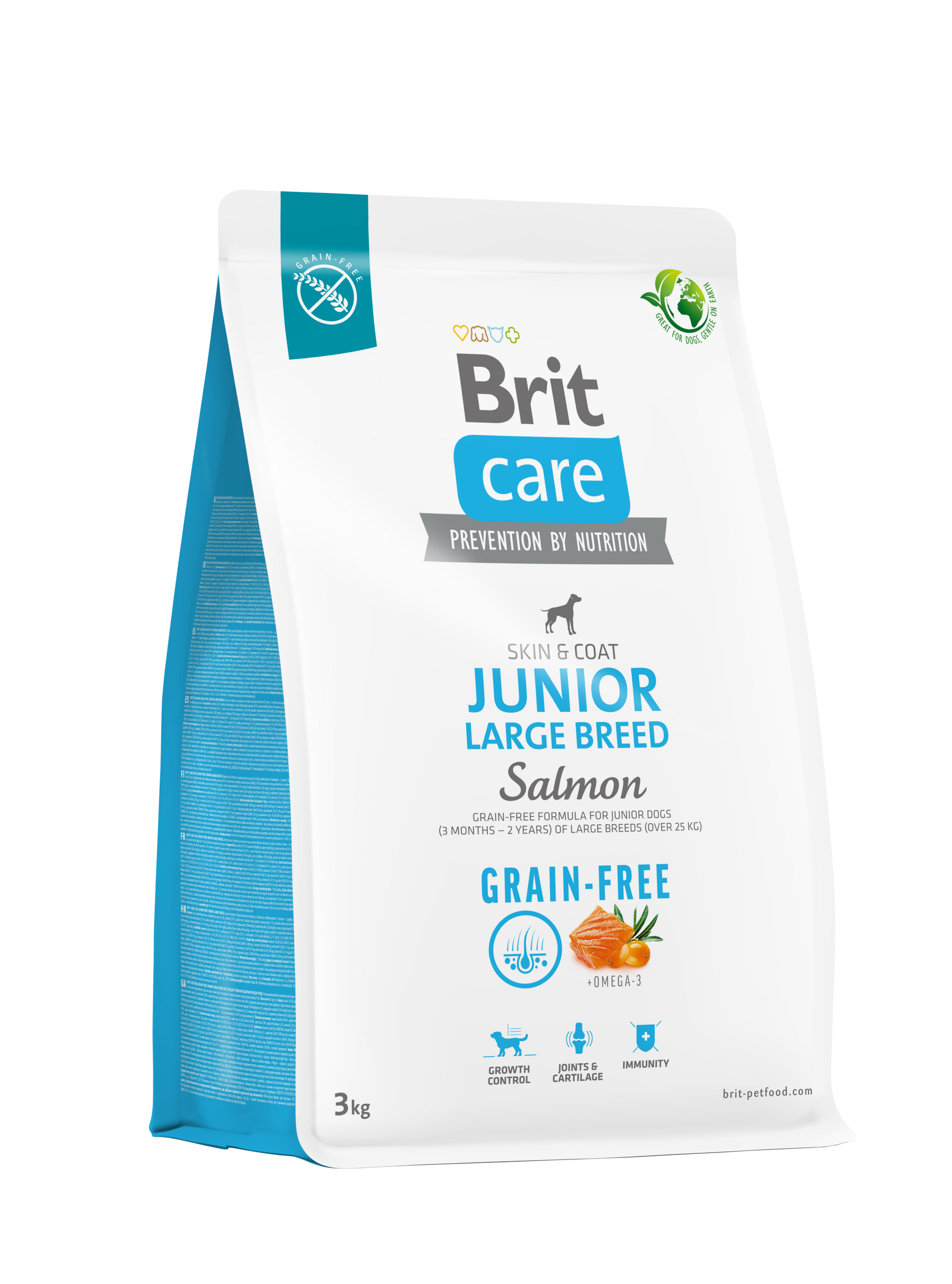 Bolsa de alimento para perros Brit Care Junior Large Breed Salmon. Bolsa blanca con detalles azules.