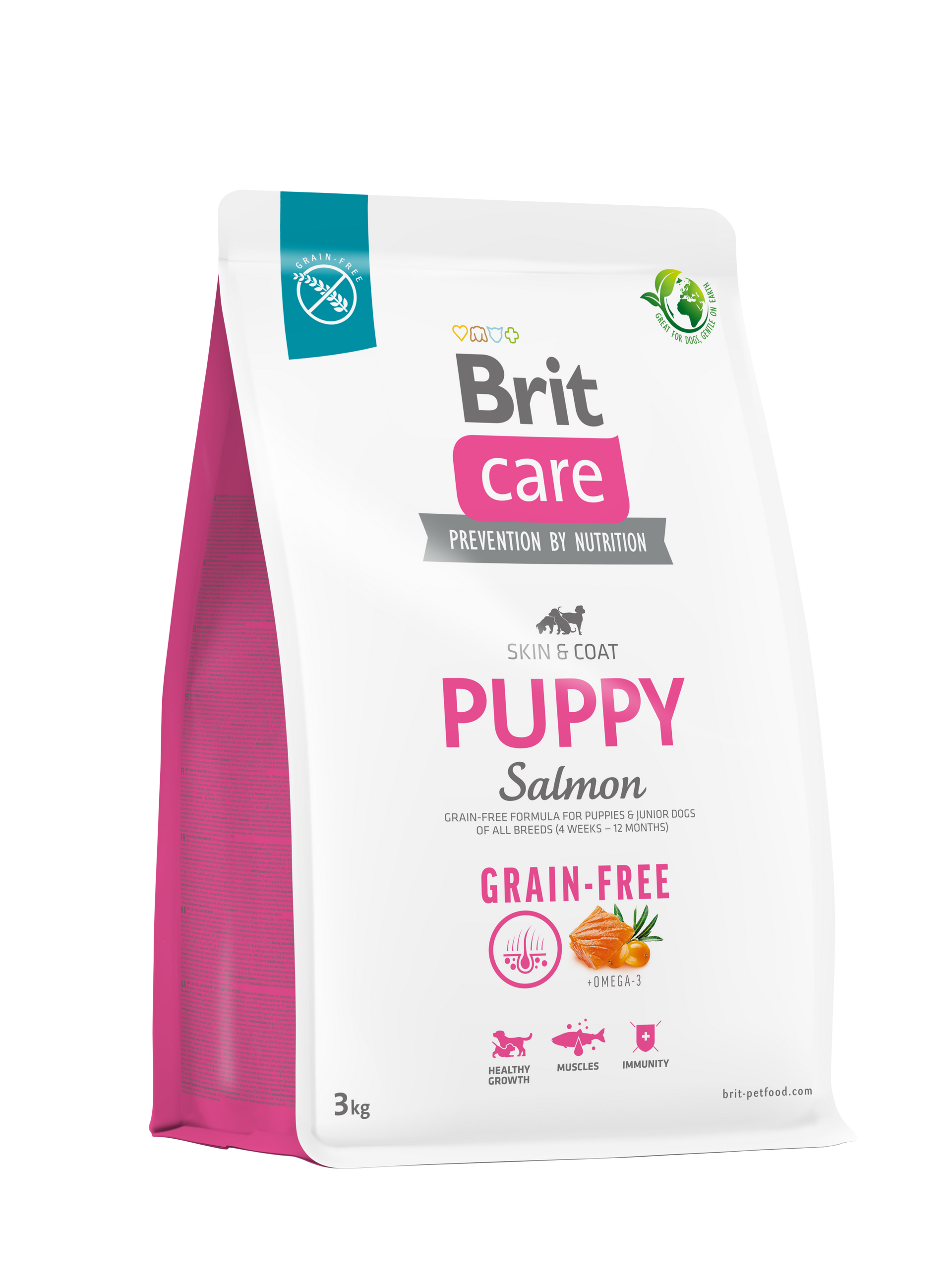 Bolsa de alimento para perros sin cereales Brit Care Puppy Salmon, envase rosa y blanco.