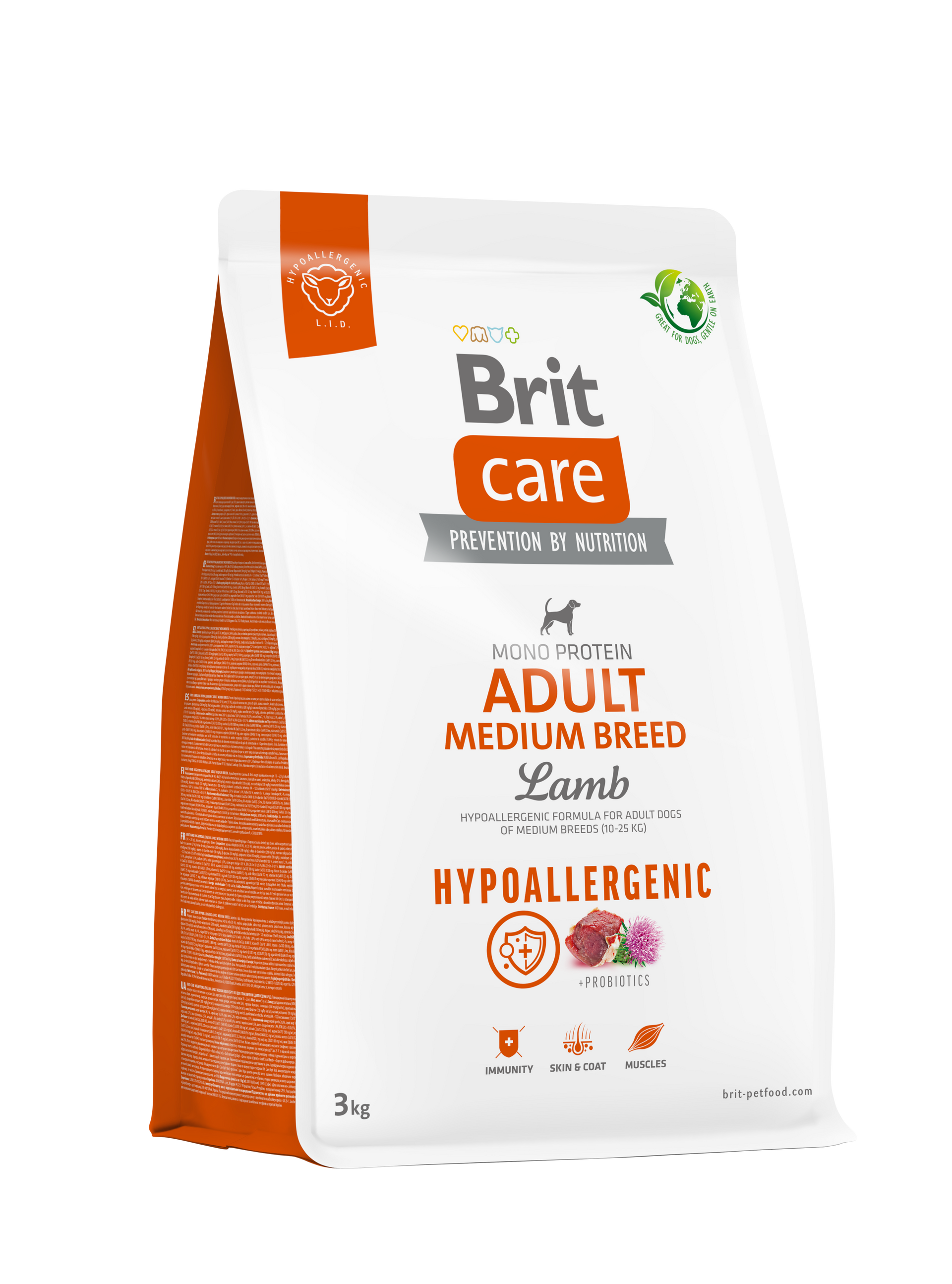 Bolsa de comida para perros, de color blanco con detalles en naranja, etiquetada