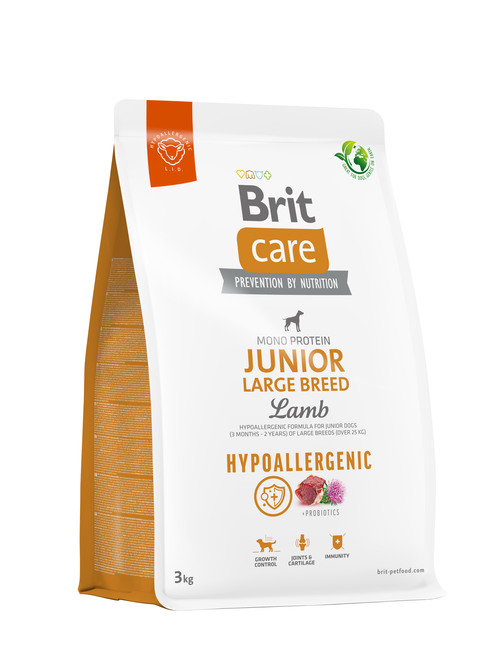 Bolsa de alimento para perros Brit Care Junior Large Breed Lamb. Bolsa blanca con detalles, texto y gráficos en naranja.