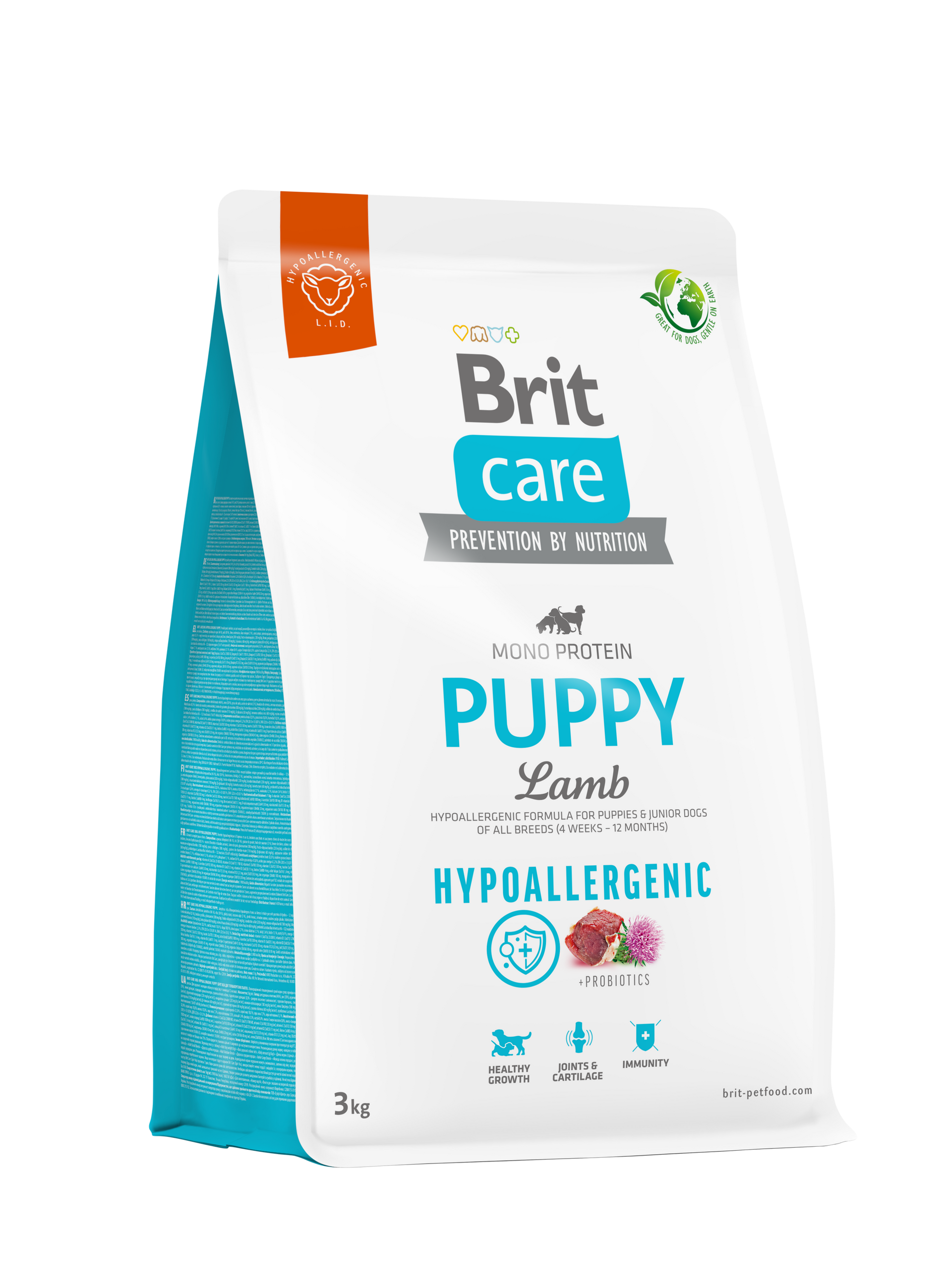 Bolsa de alimento para perros Brit Care Puppy Lamb, de color blanco con detalles azules y el nombre del producto 