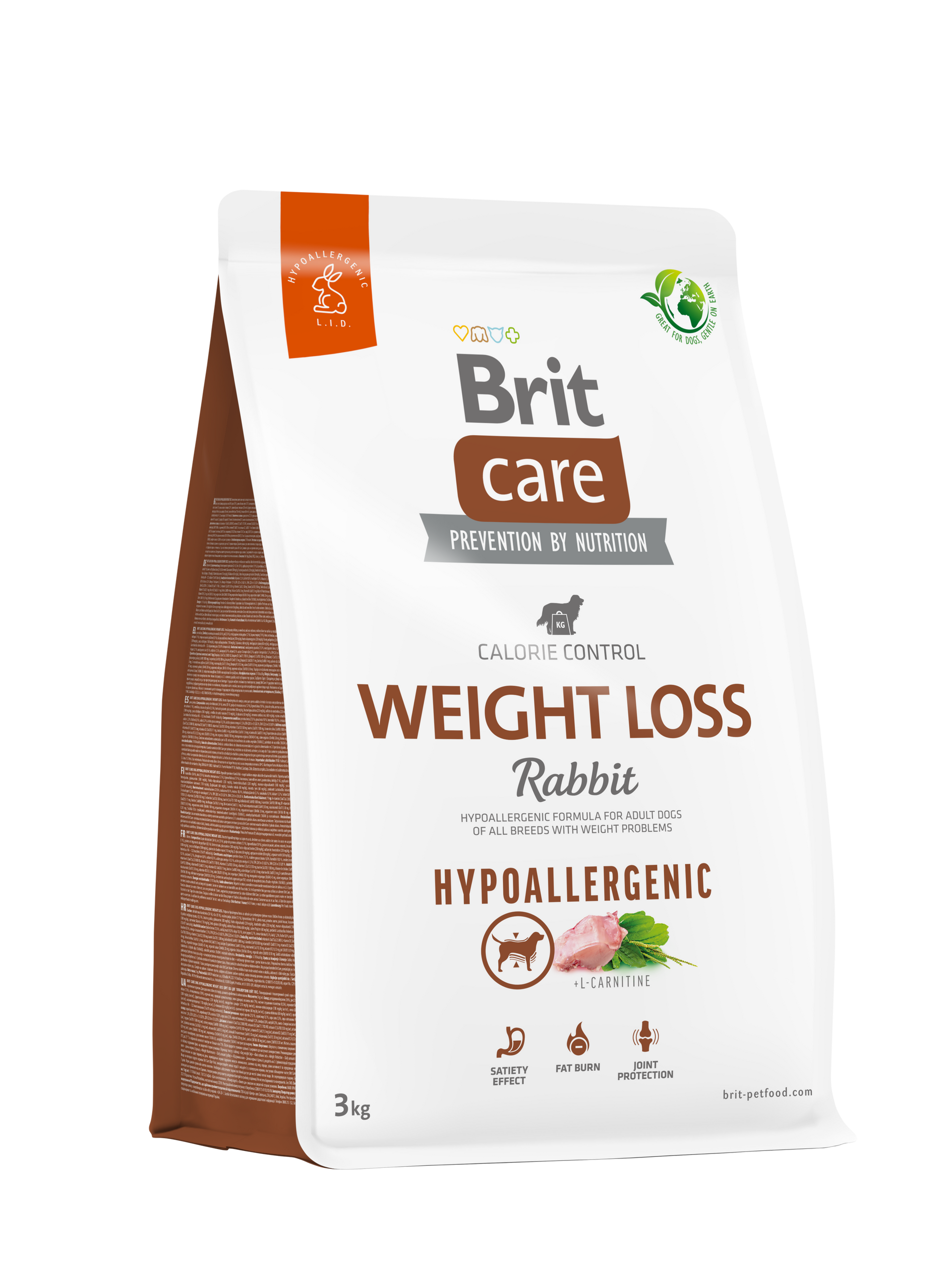 Bolsa de alimento para perros Brit Care Weight Loss, sabor Conejo, color blanco con detalles marrones, hipoalergénico.