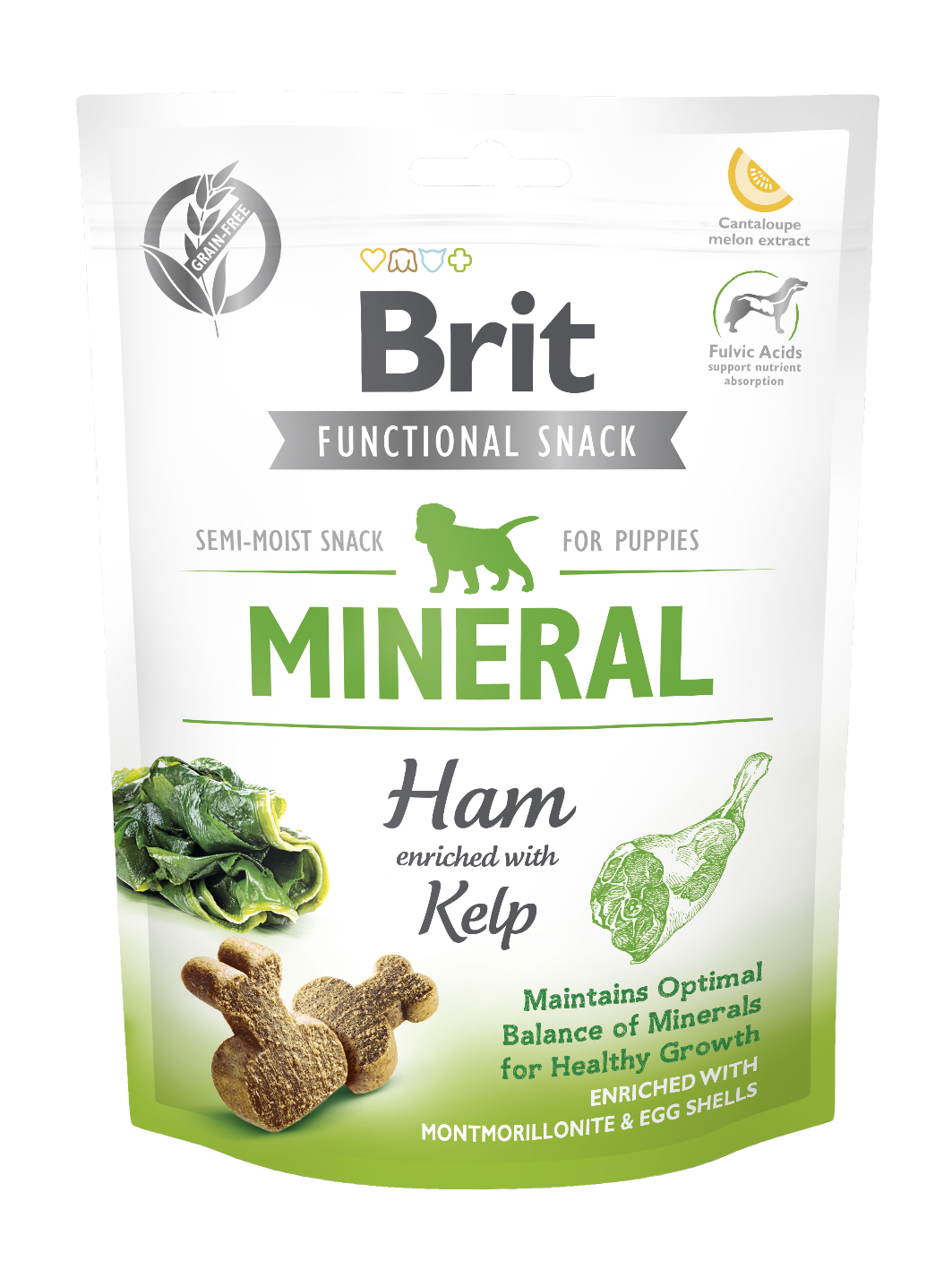 Bolsa de snacks funcionales para perros cachorros Brit Mineral, con jamón y algas.