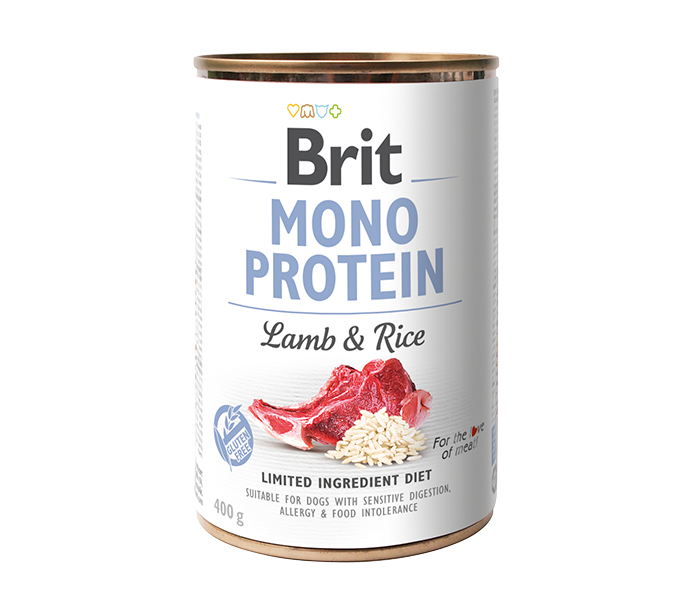 Lata de alimento para perros Brit Mono Protein de cordero y arroz.