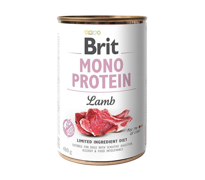 Lata de alimento para perros Brit Mono Protein Lamb, de color blanco y marrón, con ilustración de cordero.