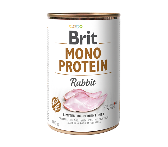 Lata de alimento para perros Brit Mono Protein Rabbit. Etiqueta blanca y marrón que muestra conejo crudo.
