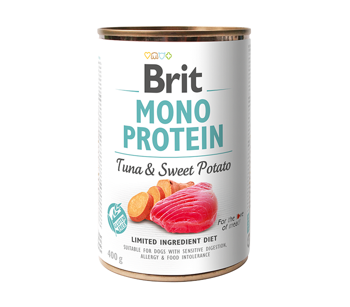 Lata de alimento para perros Brit Mono Protein, sabor atún y boniato.