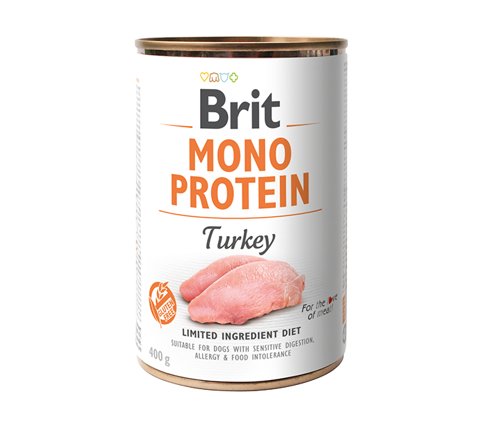 Lata de alimento para perros Brit Mono Protein Turkey, de color blanco con texto naranja e ilustración de pavo.