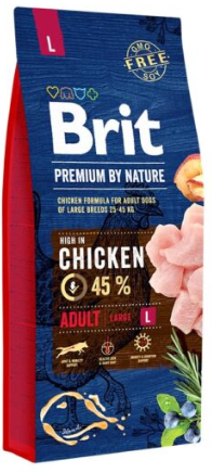 Bolsa de alimento para perros adultos Brit Premium by Nature, sabor pollo, con un 45% de contenido de pollo.