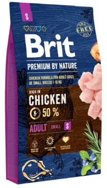 Bolsa de comida para perros Brit, envase azul y morado, etiqueta “Pollo 50%”, para perros adultos pequeños.