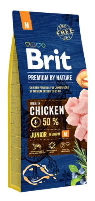 Bolsa de alimento para perros Brit Junior de raza mediana con pollo. Azul y amarillo. Contiene 50 % de pollo.