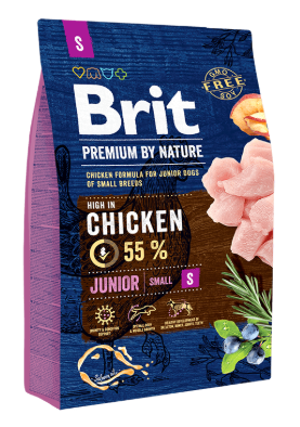 Bolsa de comida para perros Brit Premium, de color azul y morado, con pollo y arándanos.