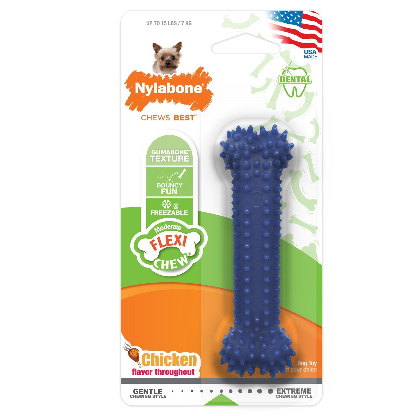 Juguete masticable Flexi Chew de color azul para perros Nylabone, en empaque con sabor a pollo, fabricado en EE. UU.