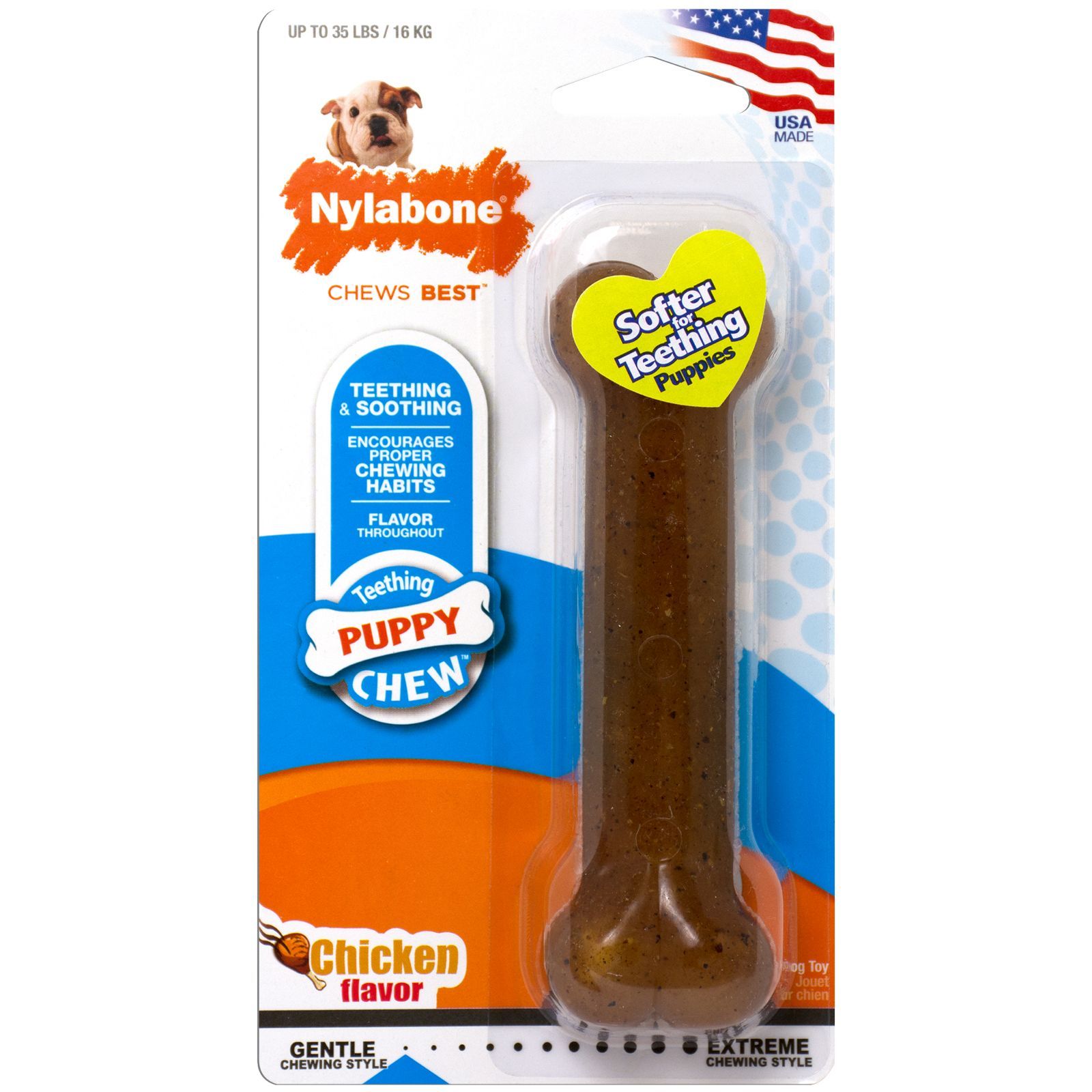 Juguete masticable Nylabone para cachorros en envase.