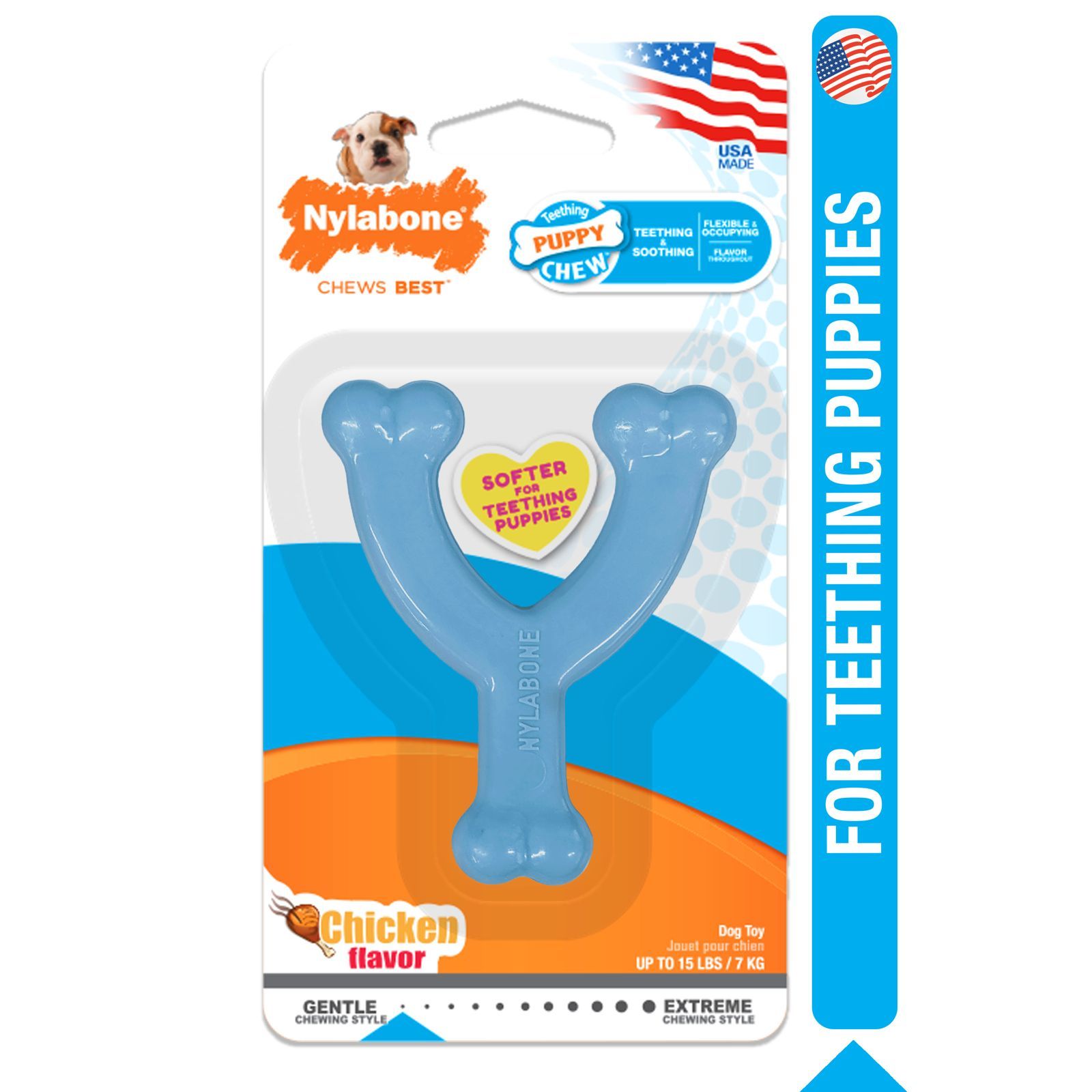 Juguete masticable para dentición de cachorro en forma de Y de color azul Nylabone.
