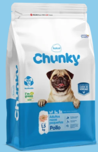Bolsa de comida para perro “Chunky” con empaque de color azul y blanco en formato pug.