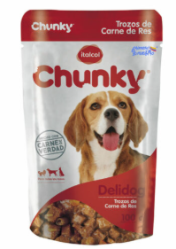 Paquete de golosinas para perros con un Beagle; rojo y blanco con texto 