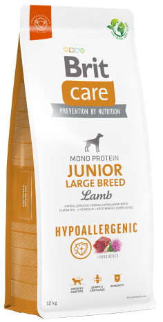 Bolsa de alimento para perros Brit Care Junior Large Breed Lamb. Bolsa blanca con detalles, texto y gráficos en naranja.